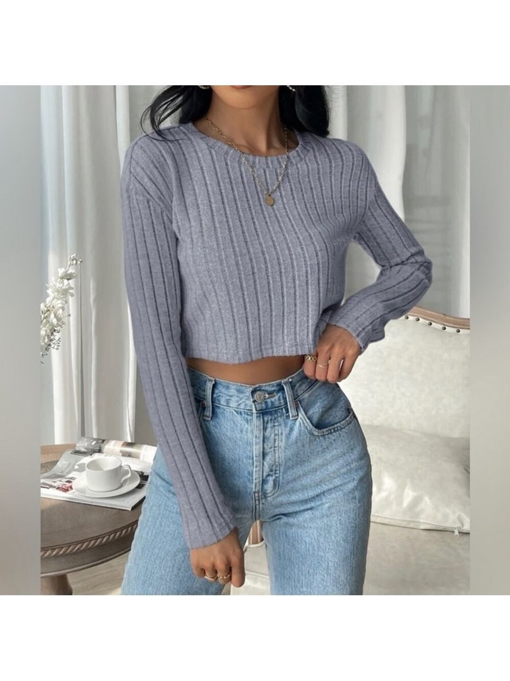 SHEIN EZwear Scoop Neck Rib Knit Crop Tee - Size Medium - Picture 8 of 14